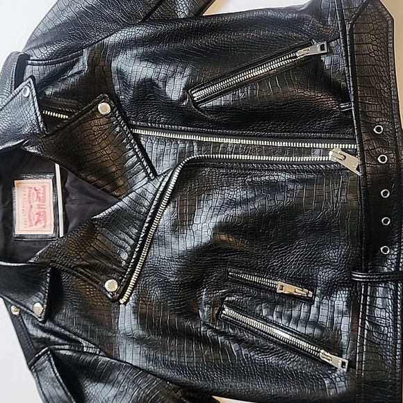Women's Black Croc-Embossed Moto Jacket – Levi’s Size S (New Without Tags) - Picture 2 of 16